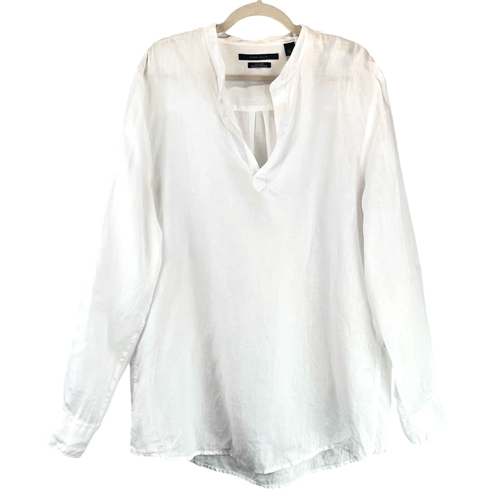 Perry Ellis 100% Linen Tunic Top Long Sleeves White Breezy Sz L - Picture 2 of 9